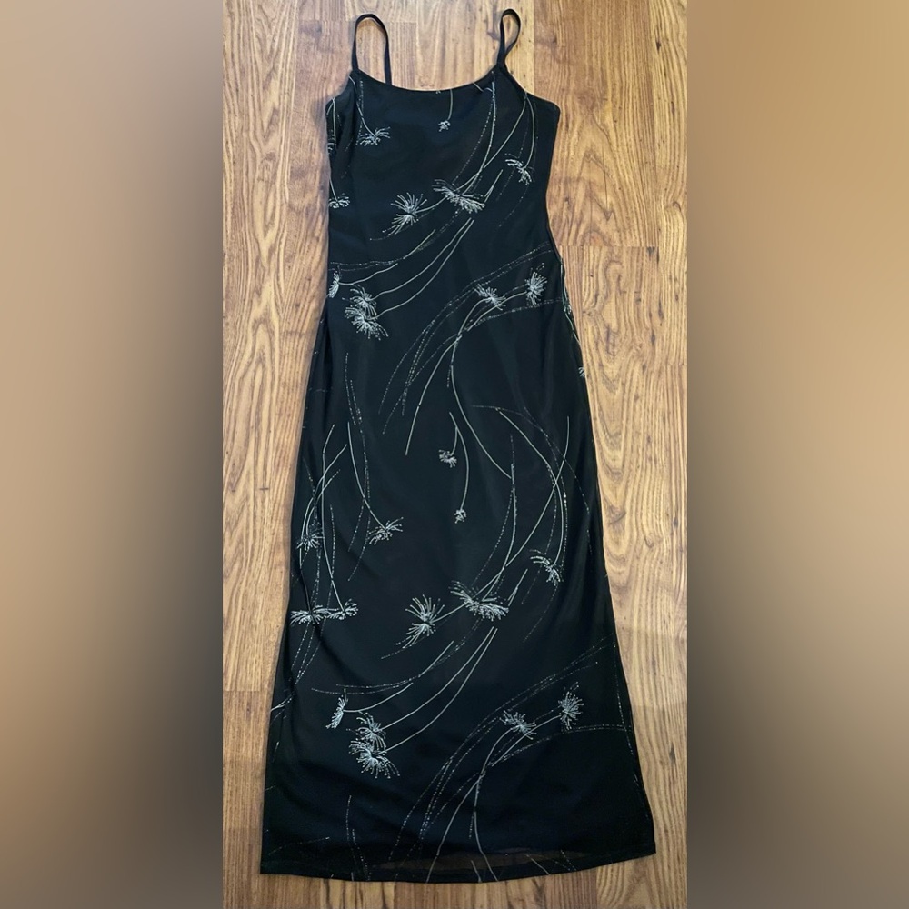 Vintage 90s Elegant Black Prom Dress with Silver Embellished Floral Accents